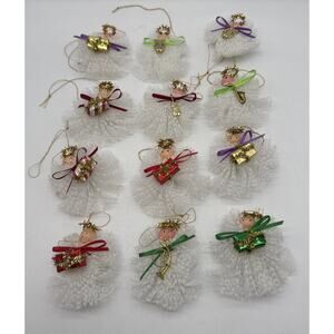 Vintage Handmade Angel Lace Christmas Ornament Wooden Head 3” Asst Colors 12 Pc